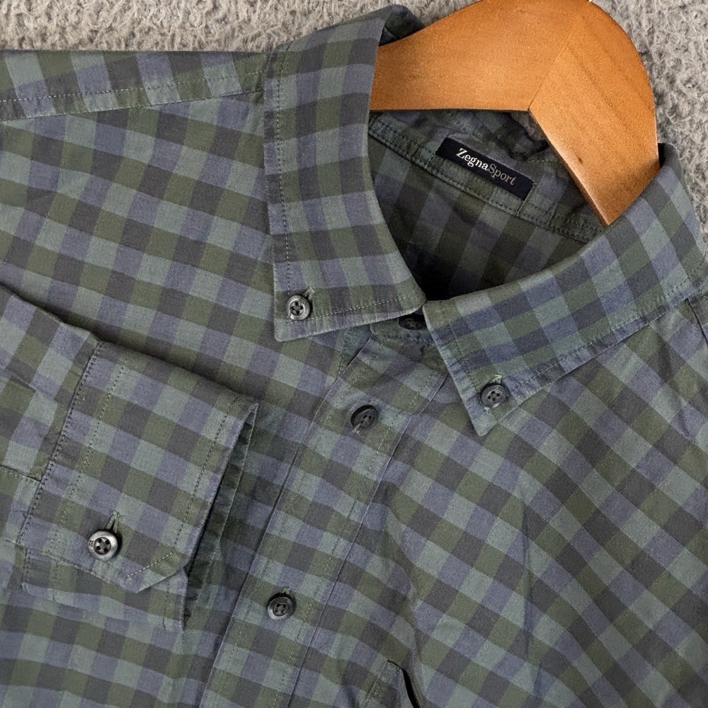 Ermenegildo Zegna‎ Sport Button Down Shirt Mens Large Green Blue Check Cotton